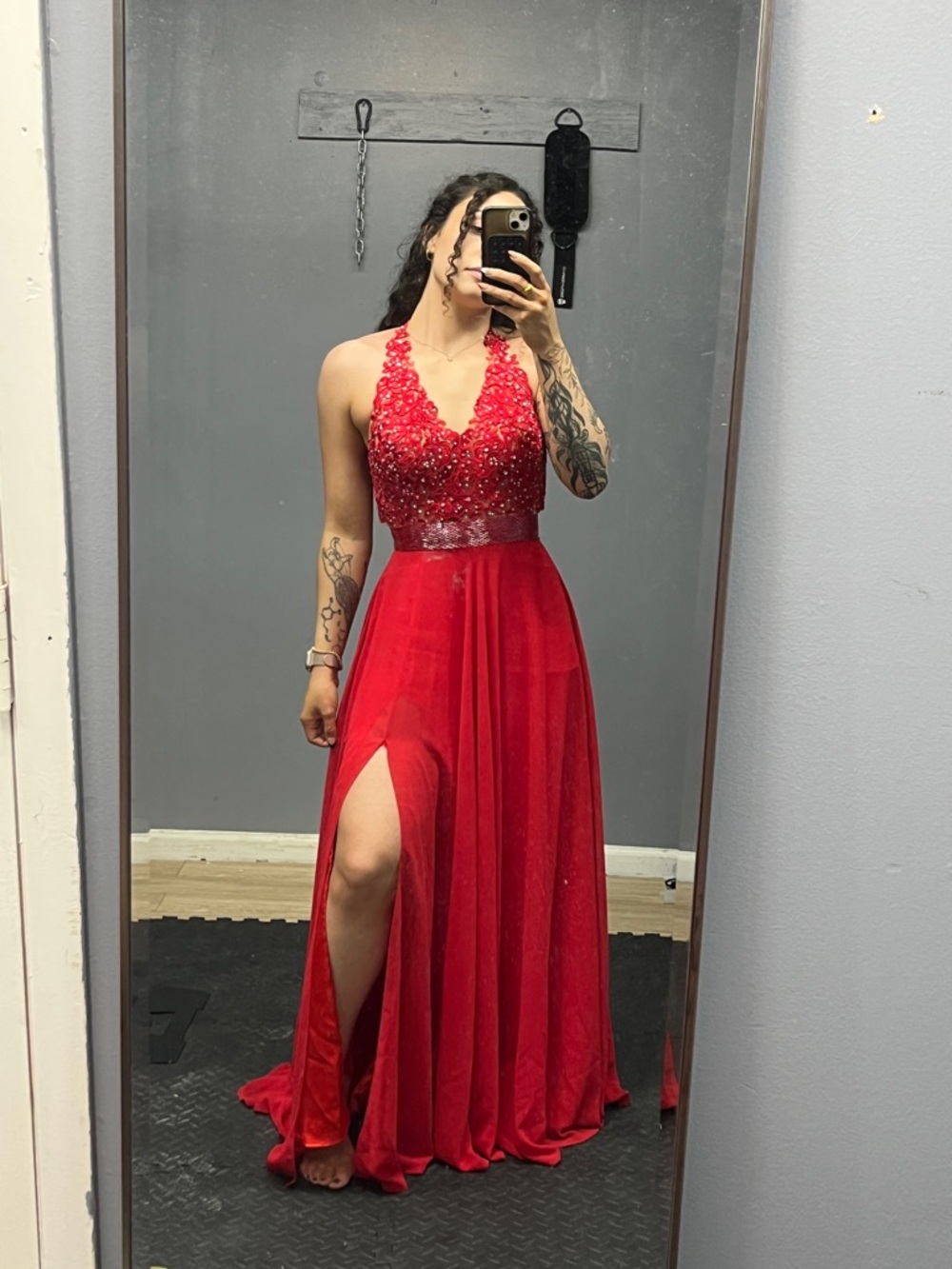 Red Halter Sequin Prom Dress with High Slit